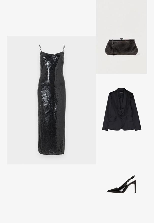 Sort satin blazer med sjalslapel, enkel knaplukning og to frontlommer. Glat tekstur og skræddersyet pasform.; Sort palietkjole med tætsiddende silhuet, spaghetti-stropper og længde til midt på læggen. Glat tekstur med glitrende overfladedetaljer.; Sort patentlæder slingback hæl med spids tå og stiletto hæl. Har et udsnit design og justerbar rem med metalhardware.; Sort mesh clutch-taske med en struktureret silhuet, prydet med små metalstuds, har en låsemekanisme og en aftagelig kæderekke.