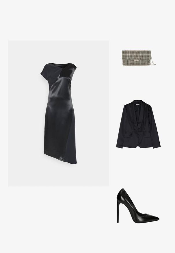 Schwarze Satin-Blazer mit Schalkragen, Ein-Knopf-Verschluss und zwei Vordertaschen. Glatte Textur und taillierte Passform.; Calvin Klein NAIA SHINE MIDI DRESS - Cocktailkleid/festliches Kleid - black; Schwarze Leder-Pumps mit hohen Absätzen, spitzer Zehenform und glatter Oberfläche. Verfügt über eine elegante Silhouette und einen Stiletto-Absatz.; Rechteckige silberne Clutch mit Umschlagklappe, bedeckt mit kleinen Strasssteinen, und einem Kettenriemen, der auf der rechten Seite sichtbar ist.