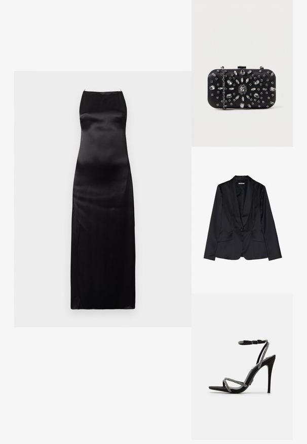 Blazer en satin noir avec un col châle, fermeture à un bouton et deux poches avant. Texture lisse et coupe ajustée.; Robe de soirée en satin noir à la silhouette ajustée, au col haut et à la coupe longue jusqu'au sol. La texture lisse renforce son élégance.; Sandale noire à talons hauts avec des fines lanières ornées de bijoux et une boucle au niveau de la cheville. Matériau en daim, bout ouvert et silhouette fine et pointue.; Pochette noire de forme rectangulaire, ornée de divers strass disposés en motifs floraux, dotée d'une chaîne en argent pour le transport.