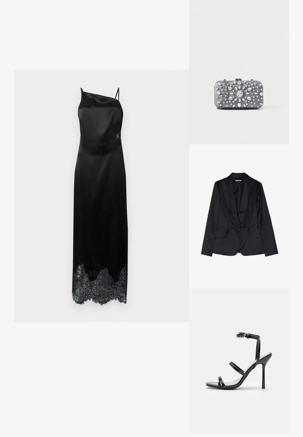 Blazer en satin noir avec un col châle, fermeture à un bouton et deux poches avant. Texture lisse et coupe ajustée.; Robe en satin noir avec une épaule dénudée, dotée d'un ourlet en dentelle festonné et d'un détail en dentelle florale sur le côté. Texture lisse sur l'ensemble.; Sandales à talons hauts en cuir verni noir avec trois sangles horizontales et une sangle de cheville ajustable. Silhouette élégante et finition brillante.; Petit sac pochette rectangulaire gris foncé orné de strass clairs disposés en motif rayonnant, avec une bandoulière chaîne argentée.