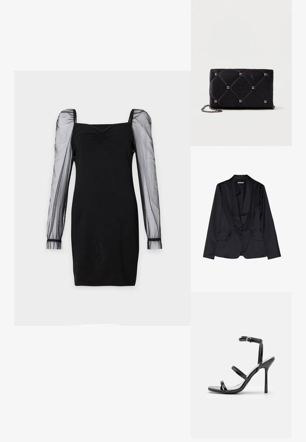 Blazer en satin noir avec un col châle, fermeture à un bouton et deux poches avant. Texture lisse et coupe ajustée.; Robe noire avec un décolleté carré, un buste ajusté et des manches longues en organza transparent avec des poignets. Texture lisse avec une silhouette élégante.; Sandales à talons hauts en cuir verni noir avec trois sangles horizontales et une sangle de cheville ajustable. Silhouette élégante et finition brillante.; Clutch en satin matelassé noir avec des clous en pyramide argentés, chaîne, forme rectangulaire et texture lisse. Dimensions de 10 cm x 18 cm x 4 cm.