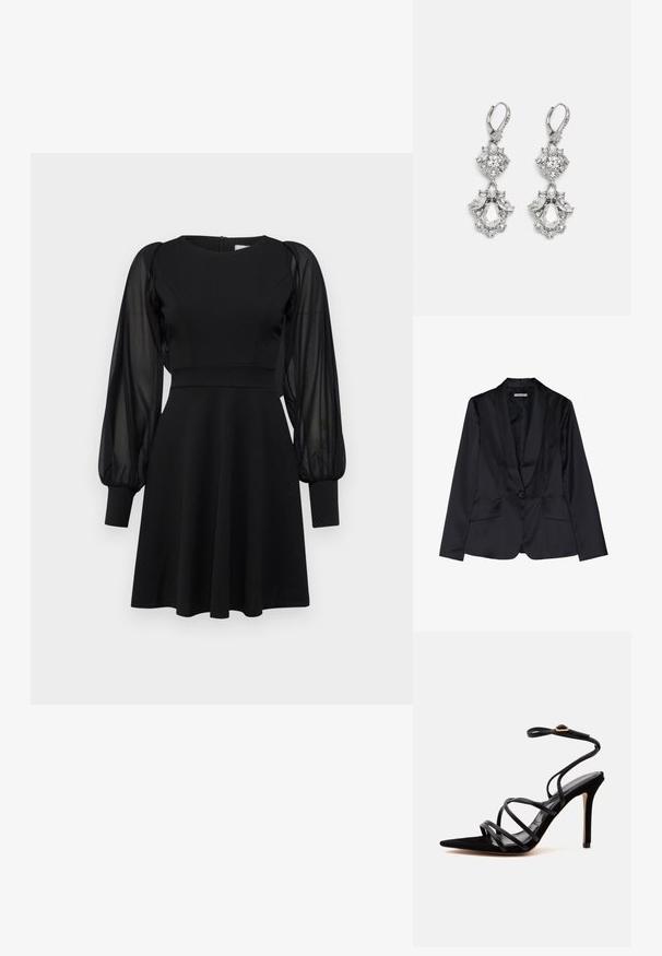 Blazer en satin noir avec un col châle, fermeture à un bouton et deux poches avant. Texture lisse et coupe ajustée.; Robe noire avec un corsage ajusté, une jupe évasée et des manches bouffantes transparentes. Présente un col rond et une fermeture éclair au dos.; Sandale noire à talon haut, bout pointu, fines brides croisées et bride de cheville avec boucle dorée sur un fond clair uni.; Boucles d'oreilles en métal argenté ornées de plusieurs pierres précieuses en cristal transparent en forme de goutte et de marquise, avec des fermoirs à levier et des détails complexes.