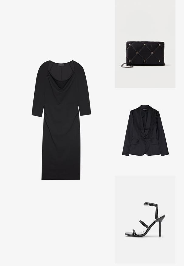 Blazer de satén negro con solapa de chal, cierre de un solo botón y dos bolsillos frontales. Textura suave y corte entallado.; Vestido negro con escote drapeado, mangas tres cuartos, forma ajustada y sutil fruncido en los lados. Fabricado con una tela suave.; Sandalias de tacón alto de charol negro con tres tiras horizontales y una correa en el tobillo ajustable. Silueta elegante y acabado brillante.; Clutch de satén negro acolchado con tachuelas piramidales plateadas, correa de cadena, forma rectangular y textura suave. Dimensiones de 10 cm x 18 cm x 4 cm.