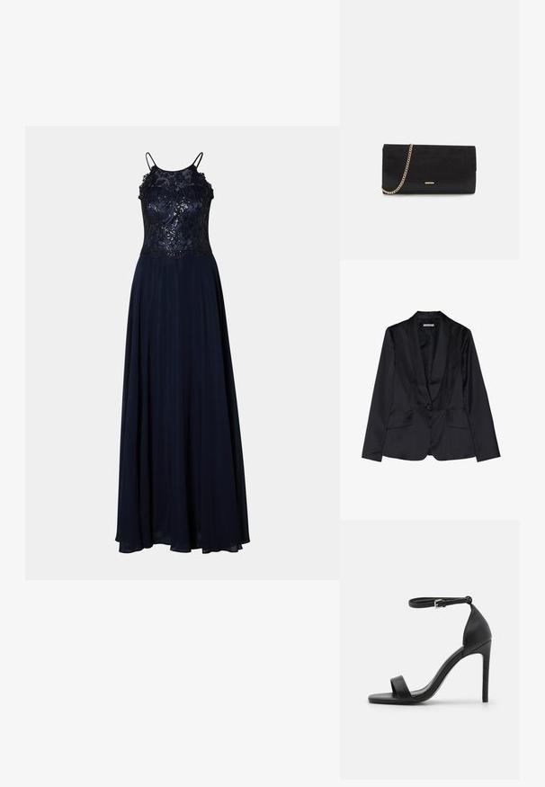 Schwarze Satin-Blazer mit Schalkragen, Ein-Knopf-Verschluss und zwei Vordertaschen. Glatte Textur und taillierte Passform.; Navy Abendkleid mit einem taillierten Spitzenoberteil, aufwendiger Stickerei und einem fließenden Rock. Verfügt über dünne Träger und eine glatte Textur.; Schwarze hochhackige Sandale mit elegantem Design, featuring einem Knöchelriemen, offener Zehenpartie und glattem Lederfinish.; Schwarze Clutch aus Wildleder mit strukturierter Oberfläche, ausgestattet mit einem goldenen Kettenriemen und einem eleganten, kantigen Design.