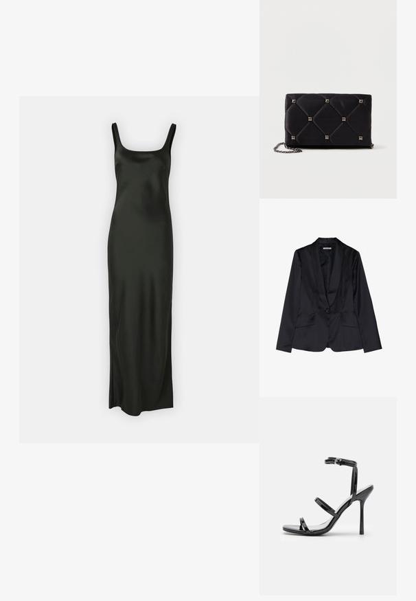 Schwarze Satin-Blazer mit Schalkragen, Ein-Knopf-Verschluss und zwei Vordertaschen. Glatte Textur und taillierte Passform.; Samsøe Samsøe SUNNA DRESS - Maxikleid - black; Schwarze Lackleder-High-Heel-Sandalen mit drei horizontalen Riemen und einem verstellbaren Knöchelriemen. Schlanke Silhouette und glänzende Oberfläche.; Schwarze, gesteppten Satin-Clutch mit silbernen Pyramidennieten, Kettenriemen, rechteckiger Form und glatter Oberfläche. Maße: 10 cm x 18 cm x 4 cm.