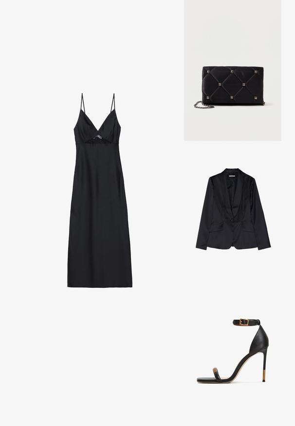 Blazer de satén negro con solapa de chal, cierre de un solo botón y dos bolsillos frontales. Textura suave y corte entallado.; Vestido de satén negro con finas tirantes tipo spaghetti, escote en V y acento de encaje en el busto. Textura suave, largo hasta la rodilla, silueta ajustada.; Sandal de tacón alto de cuero negro con una delgada correa en el tobillo con una hebilla dorada, una punta cuadrada y un acento en la punta de color marrón contrastante.; Clutch de satén negro acolchado con tachuelas piramidales plateadas, correa de cadena, forma rectangular y textura suave. Dimensiones de 10 cm x 18 cm x 4 cm.