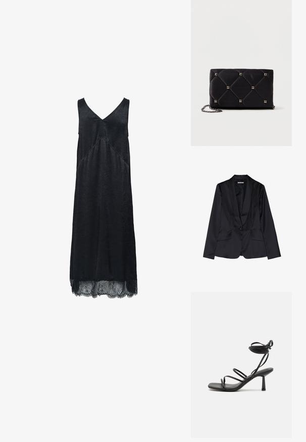 Sort satin blazer med sjalslapel, enkel knaplukning og to frontlommer. Glat tekstur og skræddersyet pasform.; Sort ærmeløs kjole med V-hals, tekstureret stof og blondedetalje i kanten. Har en diagonal syningsdetalje.; Sort strappy sandal med firkantet tå, justerbare ankelbind og en slank, blokhæl. Fremstillet af et glat, holdbart materiale.; Sort, kviltet satin clutch med sølvfarvede pyramidespidser, kædetræk, rektangulær form og glat overflade. Dimensioner: 10 cm x 18 cm x 4 cm.