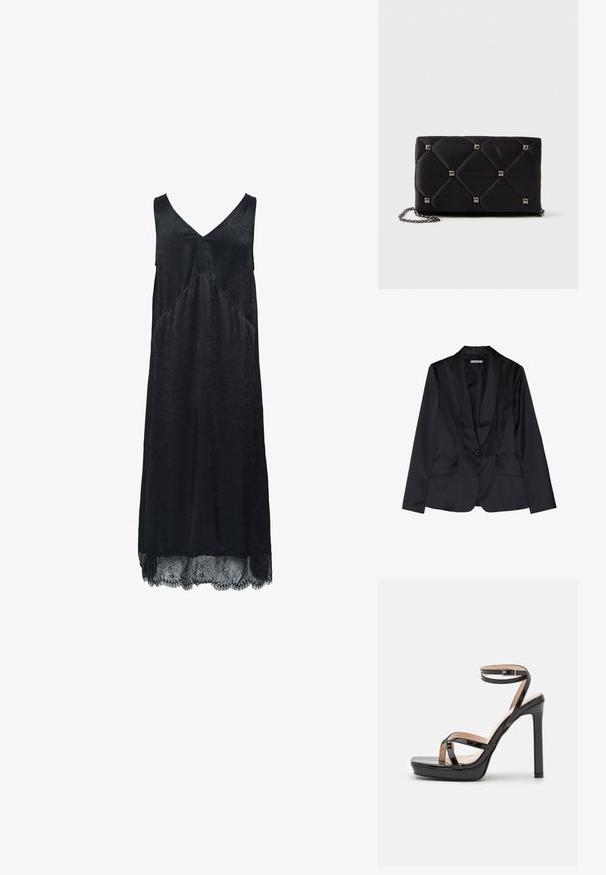 Sort satin blazer med sjalslapel, enkel knaplukning og to frontlommer. Glat tekstur og skræddersyet pasform.; Sort ærmeløs kjole med V-hals, tekstureret stof og blondedetalje i kanten. Har en diagonal syningsdetalje.; RAID DIMONA - Højhælede sandaletter / Højhælede sandaler - black; Sort, kviltet satin clutch med sølvfarvede pyramidespidser, kædetræk, rektangulær form og glat overflade. Dimensioner: 10 cm x 18 cm x 4 cm.