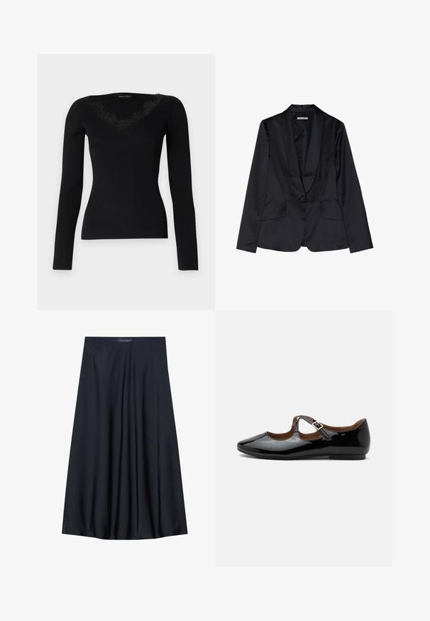 Blazer de satén negro con solapa de chal, cierre de un solo botón y dos bolsillos frontales. Textura suave y corte entallado.; Top negro de manga larga de canalé con escote en V y detalles de encaje. La textura de la tela parece suave y ajustada, adecuada para combinar en capas.; Falda negra, de largo hasta la rodilla, hecha de una tela ligera con un diseño fluido. Presenta una textura suave y pliegues sutiles como detalle adicional.; Zapato plano Mary Jane de charol negro con dos recortes y una correa con hebilla dorada sobre fondo blanco.
