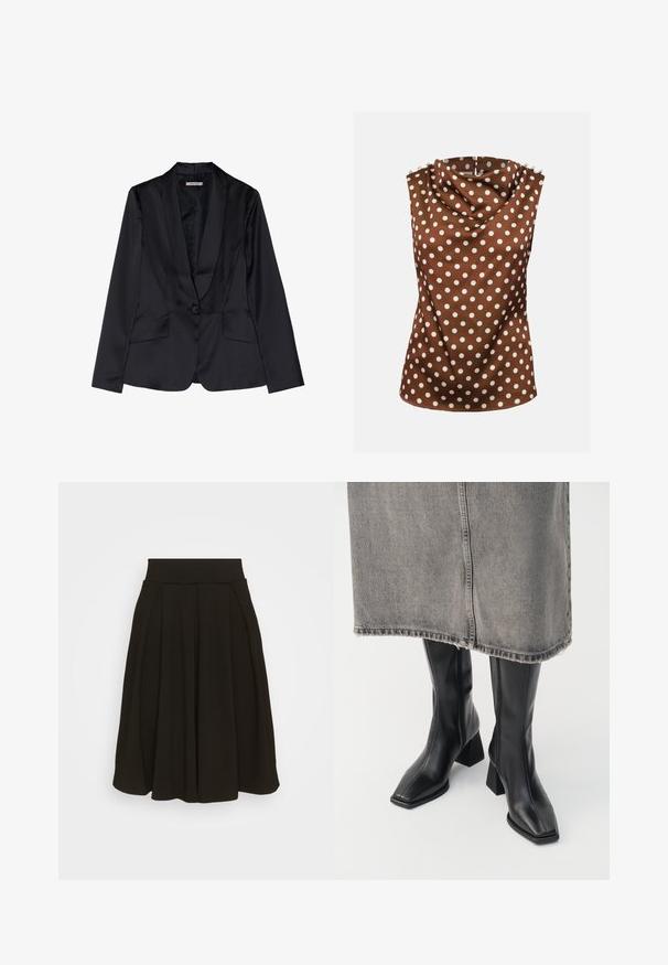 Schwarze Satin-Blazer mit Schalkragen, Ein-Knopf-Verschluss und zwei Vordertaschen. Glatte Textur und taillierte Passform.; Ärmellose braune Bluse mit weißen Polka-Punkten, drapiertem hohem Ausschnitt und dekorativen Knöpfen auf den Schultern.; Schwarz gefaltetem Rock mit einem breiten, elastischen Bund. Hergestellt aus einem weichen Stoff, mit einem knielangen Saum und glatter Textur.; Schwarze knielange Stiefel aus glattem Leder mit quadrater Zehenpartie und Blockabsatz. Getragen mit einem grauen Jeansrock mit ausgefranstem Saum.