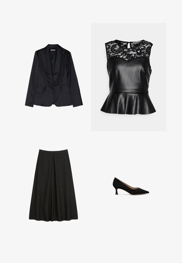 Blazer de satén negro con solapa de chal, cierre de un solo botón y dos bolsillos frontales. Textura suave y corte entallado.; Anna Field Petite Blusa - black; Falda negra en corte A hecha de tela suave. Presenta una cinturilla con pliegues y bolsillos laterales. Corte a la altura de la rodilla y diseño liso.; Zapato de tacón de ante negro con puntera afilada, tacón cuadrado bajo y forro interior suave. Diseño simple sin patrones ni acentos visibles.