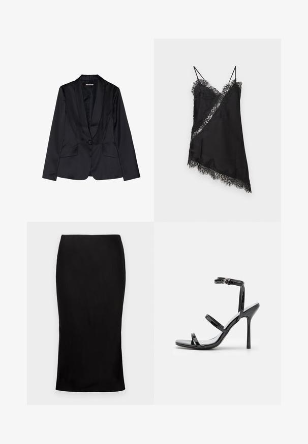 Blazer en satin noir avec un col châle, fermeture à un bouton et deux poches avant. Texture lisse et coupe ajustée.; Robe nuisette noire asymétrique avec bordure en dentelle, panneau en dentelle diagonal et fines bretelles sur fond clair.; Jupe midi noire, cintrée, avec une texture lisse, détail de fente sur le côté et une taille classique. Conçue pour une silhouette élégante.; Sandales à talons hauts en cuir verni noir avec trois sangles horizontales et une sangle de cheville ajustable. Silhouette élégante et finition brillante.