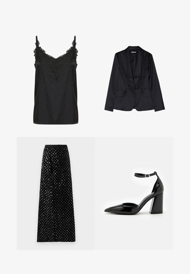 Schwarze Satin-Blazer mit Schalkragen, Ein-Knopf-Verschluss und zwei Vordertaschen. Glatte Textur und taillierte Passform.; Schwarzes Top mit V-Ausschnitt und filigranen Spitzenverzierungen am Kragen. Mit Spaghetti-Trägern und einem glatten, leichten Stoff.; Schwarz samtene Maxirock, verziert mit einem Diamant-Pailletten-Muster, mit einem glatten Bund und einer geraden Silhouette.; Schwarzer Lacklederschuh mit hohen Absätzen, spitz zulaufender Zehenpartie, Knöchelriemen und breitem Blockabsatz für Stabilität, mit einer glatten, glänzenden Oberfläche.