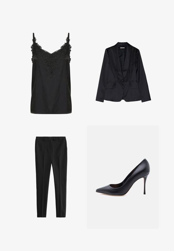 Zwarte satijnen blazer met een schouderkraag, sluiting met één knop en twee voorkruiszakken. Soepele textuur en getailleerde pasvorm.; Zwart cami-top met een v-hals en ingewikkelde kantdetails bij de halslijn. Voorzien van spaghettibandjes en een soepele, lichte stof.; Zwarte op maat gemaakte broek van soepel stof. Heeft een vlakke voorkant, zijzakken en een slim fit ontwerp. Schoon, minimalistisch stijl.; Zwarte leren pumps met een puntige neus en stilettohak op een effen lichte achtergrond.