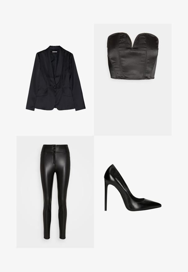 Schwarze Satin-Blazer mit Schalkragen, Ein-Knopf-Verschluss und zwei Vordertaschen. Glatte Textur und taillierte Passform.; Vero Moda VMSALLY CROPPED SIMILI CORSAGE - Top - black; ONLY ONLHEIDI - Stoffhose - black; Schwarze Leder-Pumps mit hohen Absätzen, spitzer Zehenform und glatter Oberfläche. Verfügt über eine elegante Silhouette und einen Stiletto-Absatz.