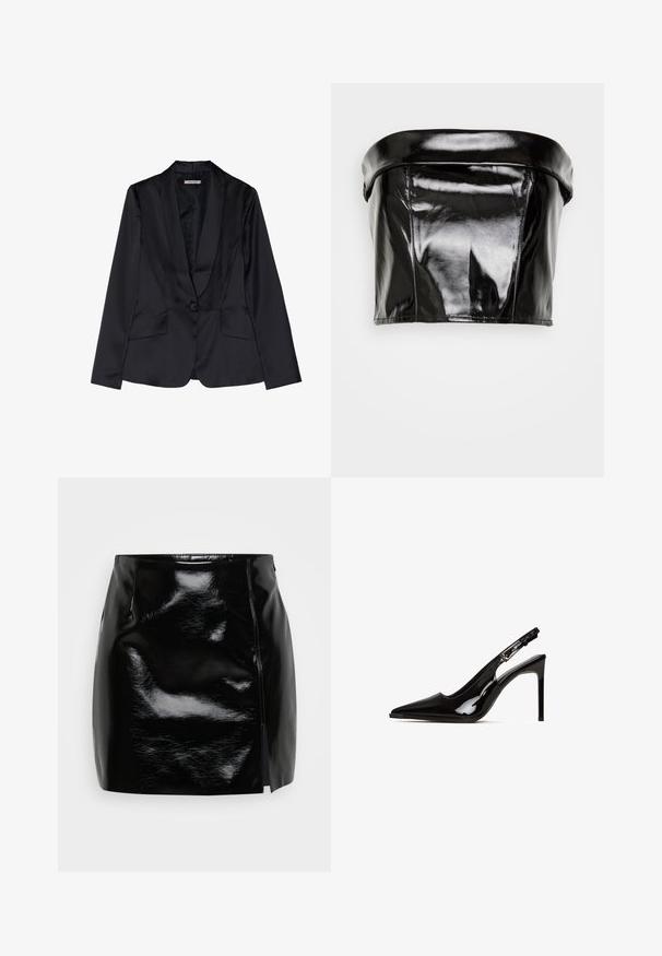 Sort satin blazer med sjalslapel, enkel knaplukning og to frontlommer. Glat tekstur og skræddersyet pasform.; Gina Tricot TUBE - Top - black; Sort mini nederdel lavet af blankt materiale. Har en lynlås i siden og en slids på højre side for ekstra detalje og design. Glat tekstur.; Sort patentlæder slingback hæl med spids tå og stiletto hæl. Har et udsnit design og justerbar rem med metalhardware.