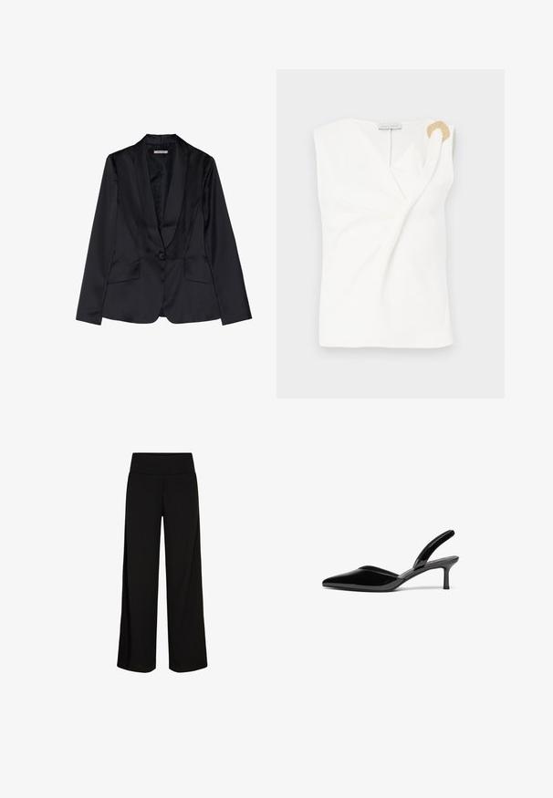 Blazer en satin noir avec un col châle, fermeture à un bouton et deux poches avant. Texture lisse et coupe ajustée.; Blouse sans manches blanche avec un design croisé, présentant un détail décoratif en forme d'anneau doré sur l'épaule droite.; Pantalons larges noirs avec une taille douce et extensible. Tissu lisse, design à longueur complète, sans fermetures ni motifs visibles.; Escarpins à talon aiguille en cuir verni noir, avec un bout pointu, un talon aiguille bas et un design élégant et simple sans embellissements.