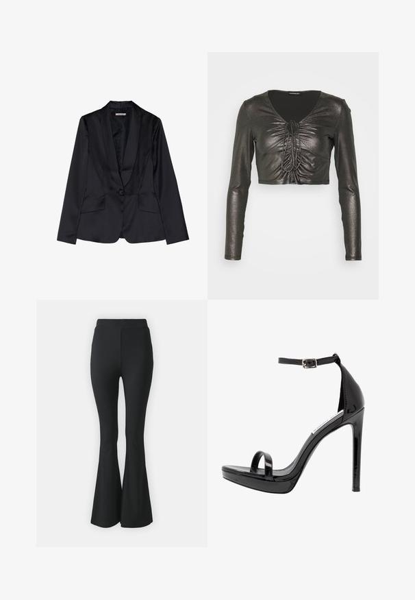Sort satin blazer med sjalslapel, enkel knaplukning og to frontlommer. Glat tekstur og skræddersyet pasform.; Even&Odd Petite by Zalando Langærmet T-shirt - black/silver; Sorte buks med flared design lavet af strækbart stof. Har en høj talje og et glat, tætsiddende design, der flared ud fra knæet og ned.; Steve Madden MILANO - Højhælede sandaletter / Højhælede sandaler - black