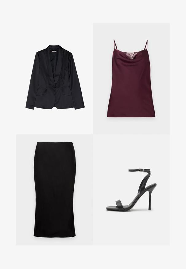 Zwarte satijnen blazer met een schouderkraag, sluiting met één knop en twee voorkruiszakken. Soepele textuur en getailleerde pasvorm.; Mouwloze diep bordeaux satijnen camisole top met dunne verstelbare bandjes en kantdetail langs de watervalhalslijn.; Zwarte, aansluitende midi-rok met een zachte textuur, zijsplitdetail en een klassieke tailleband. Ontworpen voor een elegante silhoutte.; Zwarte hoge hakken sandaal met een slanke enkelband en twee voorste banden. Gemaakt van soepel leer met een slanke puntneus en een stiletteloze hak.