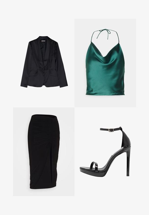 Sort satin blazer med sjalslapel, enkel knaplukning og to frontlommer. Glat tekstur og skræddersyet pasform.; Even&Odd Top - dark green; Sort, rynket blyantskørt med bindebånd og en sidelæg. Fremstillet af et strækbart stof, der har en glat overflade og en tætsiddende pasform.; Steve Madden MILANO - Højhælede sandaletter / Højhælede sandaler - black