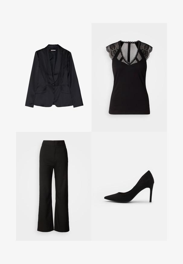 Blazer de satén negro con solapa de chal, cierre de un solo botón y dos bolsillos frontales. Textura suave y corte entallado.; Top negro sin mangas con acentos de encaje en los hombros y un panel de malla transparente con lunares en el escote y la espalda.; Pantalones de pierna ancha negros con una textura suave, cintura alta y un diseño limpio. Sin bolsillos visibles ni adornos.; Zapato de tacón alto de ante negro con punta afilada, textura suave y tacón de aguja delgado. Diseño clásico con una silueta elegante.