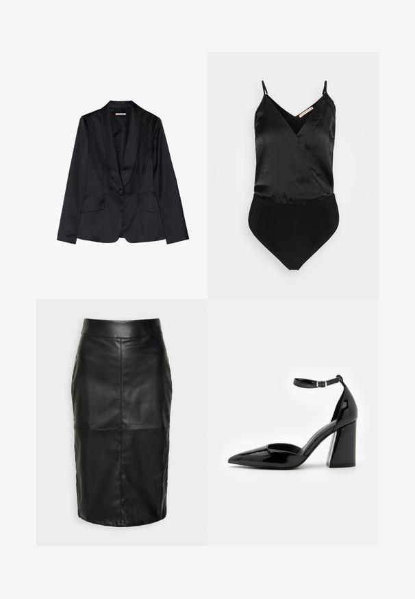 Zwarte satijnen blazer met een schouderkraag, sluiting met één knop en twee voorkruiszakken. Soepele textuur en getailleerde pasvorm.; Anna Field by Zalando Top - black; Zwarte leren rok met een gladde textuur, voorzien van een hoge tailleband en gestikte naden die een subtiele, gestructureerde vorm creëren.; Zwarte lakleren hoge hak met een spitse neus, enkelbandje en brede blokhak voor stabiliteit, met een gladde glanzende textuur.