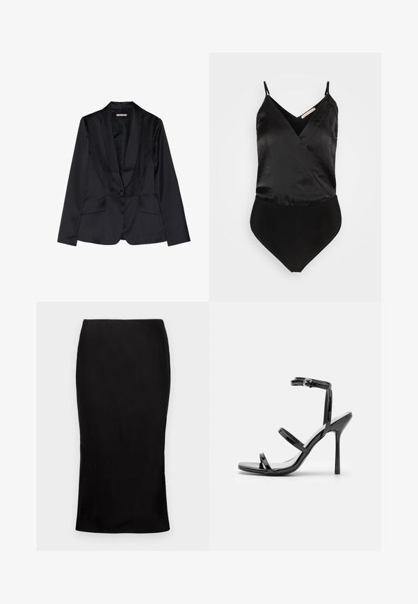 Zwarte satijnen blazer met een schouderkraag, sluiting met één knop en twee voorkruiszakken. Soepele textuur en getailleerde pasvorm.; Anna Field Top - black; Zwarte, aansluitende midi-rok met een zachte textuur, zijsplitdetail en een klassieke tailleband. Ontworpen voor een elegante silhoutte.; Zwarte gepatineerde leren hoge hak sandalen met drie horizontale banden en een verstelbare enkelband. Slanke silhouette en glanzende afwerking.