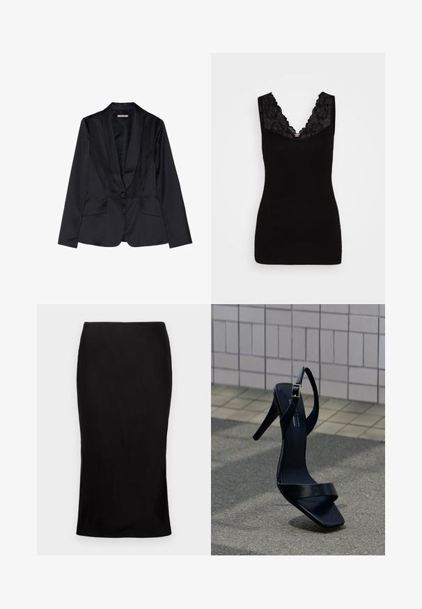 Blazer de satén negro con solapa de chal, cierre de un solo botón y dos bolsillos frontales. Textura suave y corte entallado.; Top sin mangas negro con un profundo escote en V adornado con encaje negro, que presenta una textura suave y una silueta ajustada.; Falda midi negra ajustada con una textura suave, detalle de abertura lateral y una cinturilla clásica. Diseñada para una silueta elegante.; Sandalia negra de tacón alto con correa en el tobillo y punta cuadrada, situada sobre el pavimento frente a una pared con azulejos.