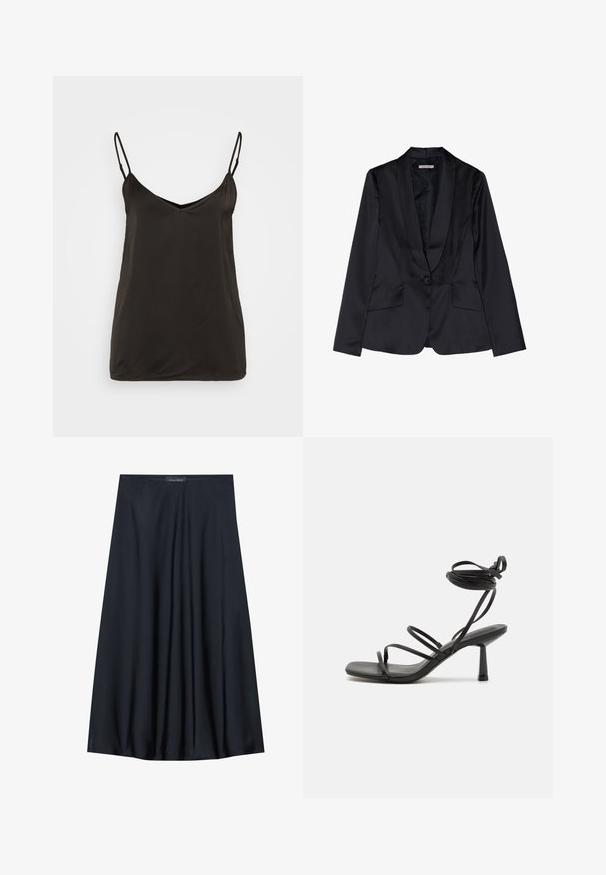 Blazer en satin noir avec un col châle, fermeture à un bouton et deux poches avant. Texture lisse et coupe ajustée.; Camisole en satin noir avec des bretelles spaghetti réglables, un décolleté en V et un design lisse et minimaliste. Pas de motifs ni de matériel visible.; Jupe noire, arrivant aux genoux, en tissu léger avec un design fluide. Présente une texture lisse et de subtils plis pour un détail supplémentaire.; Sandale noire à lanières avec un bout carré, des liens de cheville réglables et un talon carré fin. Fabriquée en un matériau lisse et durable.