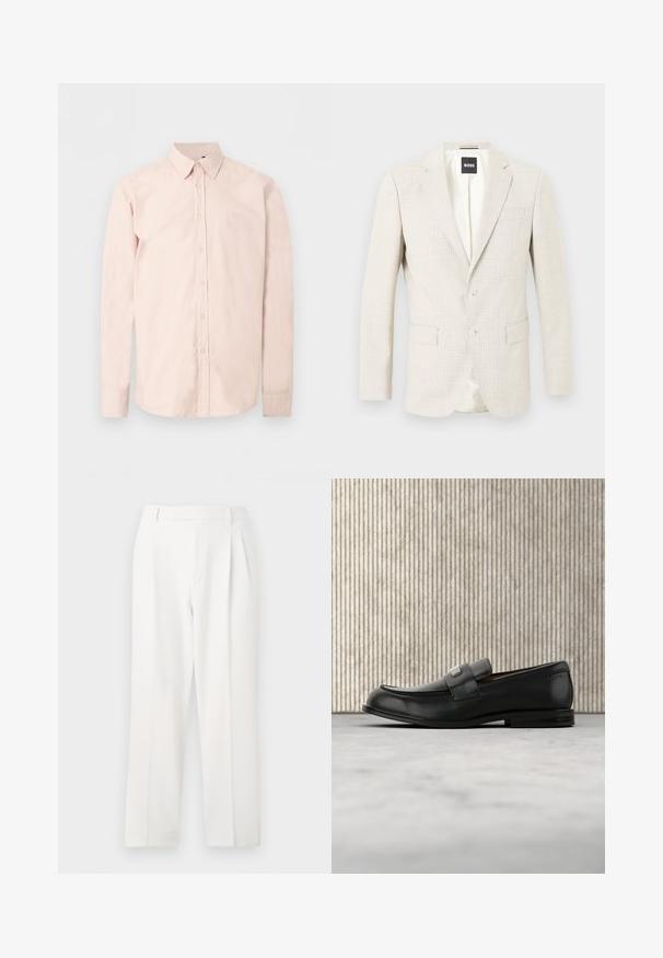 Blazer homme beige clair à deux boutons, col cranté, poches à rabat, avec étiquette BOSS à l'intérieur du col.; Chemise rose clair à manches longues avec boutons, col pointu, logo discret sur la poitrine et poignets boutonnés sur un fond blanc uni.; Pantalon blanc sur mesure avec une coupe droite, présentant des plis, un devant plat et une texture de tissu lisse. Aucune poche ni accent visible.; Mocassin en cuir noir avec une plaque de marque en métal reposant près d'une table ronde marron sur un sol recouvert de moquette beige.