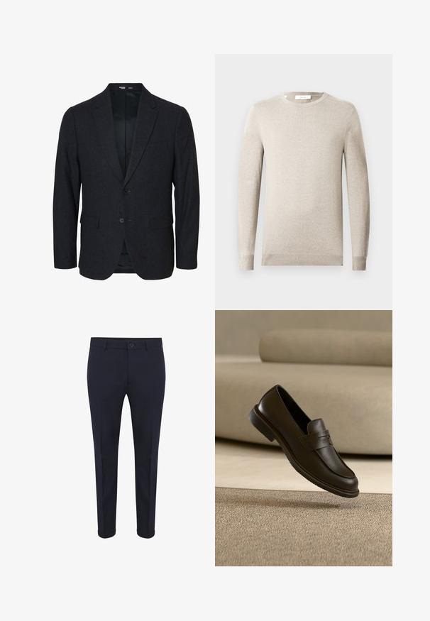 Blazer slim fit homme gris foncé avec deux boutons, col cranté et poches à rabat, présenté de face sur fond blanc.; Pull beige à manches longues avec col rond, poignets et ourlet côtelés, présenté sur un fond clair uni.; Pantalons taillés bleu marine en tissu lisse, avec fermeture par bouton, poches avant et ourlets retournés. Design slim fit avec des lignes épurées.; Un seul mocassin en cuir brun foncé flottant au-dessus d’un tapis texturé beige, avec un canapé beige flou en arrière-plan.