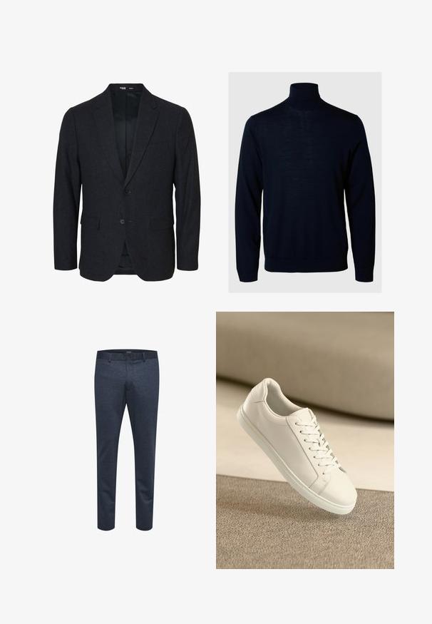 Blazer de hombre ajustado en gris oscuro con dos botones, solapa con muesca y bolsillos con solapa, mostrado de frente sobre un fondo blanco.; Suéter de cuello alto azul marino, de manga larga, con puños y dobladillo acanalados, hecho de una tela suave con una textura lisa y un diseño minimalista.; Pantalones azul marino de tejido texturizado con corte ajustado, que cuentan con cierre de botón y trabillas para cinturón, adecuados para uso casual o formal.; Zapatilla de cuero blanca con cordones blancos, exhibida sobre una superficie texturizada beige y un suave fondo desenfocado.