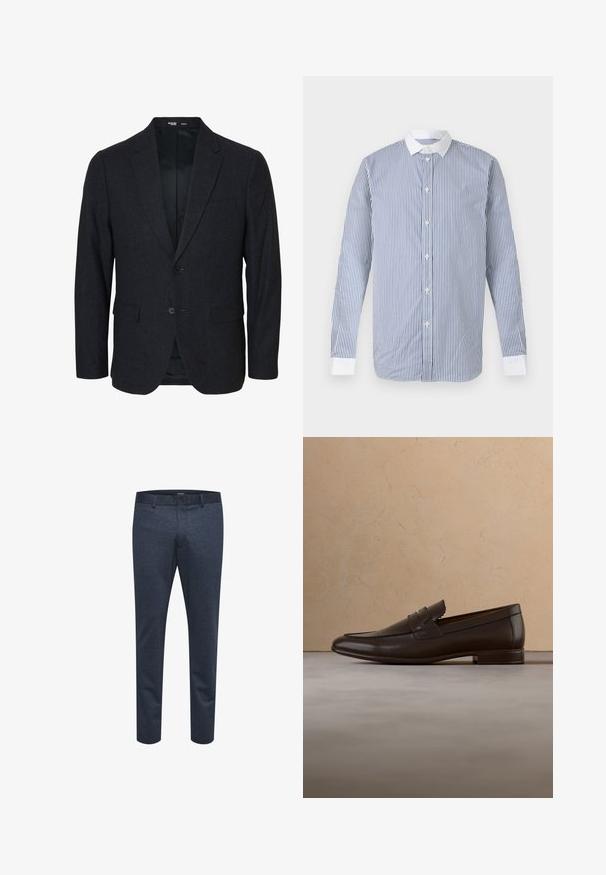 Donkergrijs slim fit herenblazer met twee knopen, notch-revers en klepzakken, vooraanzicht op een witte achtergrond.; Overhemd met lange mouwen en knopen, met verticale blauw-witte strepen, een witte kraag en witte manchetten, op een effen achtergrond.; Marineblauwe broek van textuurstof met een slim fit, voorzien van een knoopsluiting en ceintuurlussen, geschikt voor zowel casual als formele gelegenheden.; Donkerbruine leren loafer die zweeft boven een beige tapijt met op de achtergrond een gebogen beige bank.