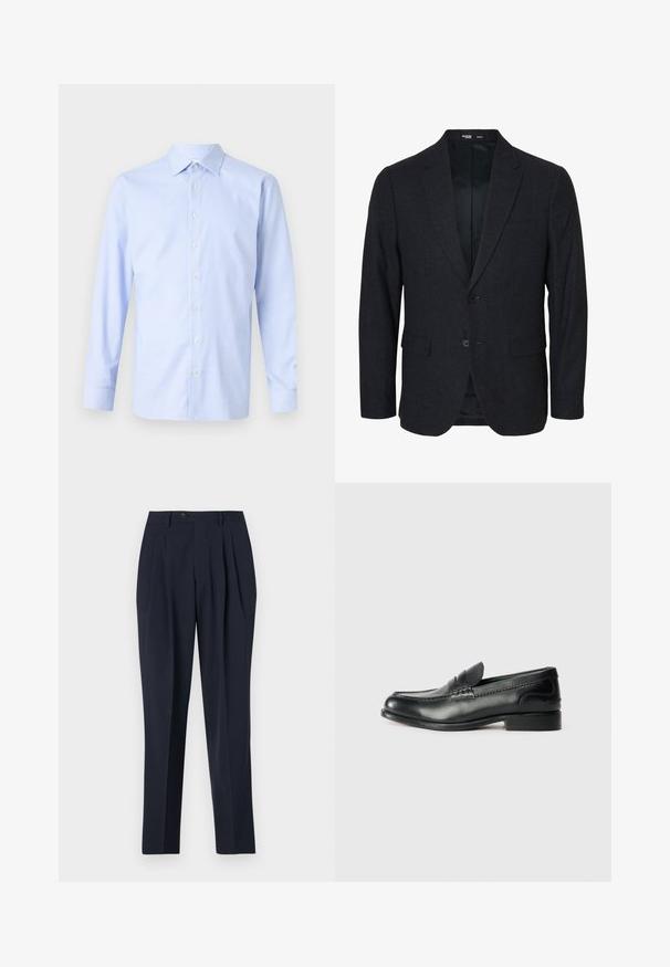 Tmavosivé pánske slim fit sako s dvoma gombíkmi, s výrezom na golieri a s vreckami s klopou, zobrazené zozadu na bielom pozadí.; Svetlomodrá dlhá rukáv tričko s károvaným vzorom, zapínanie na gombíky, špicaté golier a jemná textúra. Priliehavý strih s gombíkovými manžetami.; Námornícke nohavice s vysokým pásom, skladaným predným dielom a jediným zapínaním na gombík. Tkanina vyzerá hladko s upraveným strihom a rovnými nohavicami.; Čierne kožené loafers s hladkým povrchom, prešívaním cez vampus a mierne vyvýšeným podpätkom.