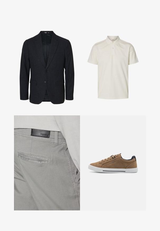 Mørkegrå slim fit herreblazer med to knapper, notch revers og lommer med klap, vist forfra på en hvid baggrund.; Kortærmet off-white poloshirt med to knapper og ribbet krave, vist på en ensfarvet hvid baggrund.; Grå bukser med en glat tekstur, der har en baglomme med en vandret åbning og en lille sort lædermærkat nær linningen.; Brune ruskinds sneakers med beige snørebånd, hvid gummisål og en mørkeblå hælaccent. Har syede detaljer og et afslappet design.