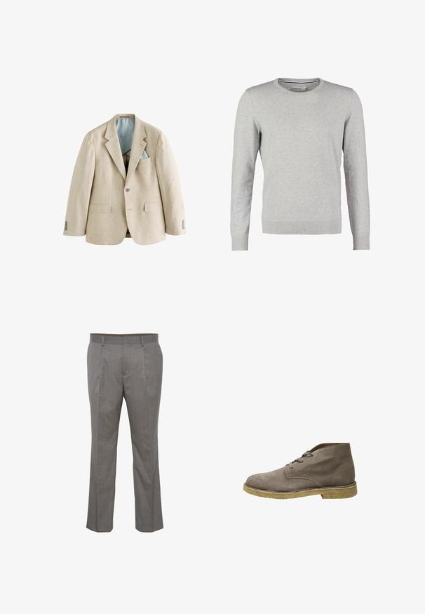 Beige Leinenblazer mit einem hellblauen Futter, zwei Fronttaschen und einem Vier-Knopf-Manschetten. Mit einer Brusttasche und Reverskragen.; Grauer Pullover mit langen Ärmeln, rundem Halsausschnitt, gerippten Bündchen und Saum. Hergestellt aus einem glatten Strickmaterial mit einheitlicher Textur. Keine Muster oder Akzente.; Grau gestreifte Hose mit gefaltetem Bund, aus leichtem Stoff, mit traditionellen schrägen Taschen und geradem Schnitt.; Selected Chukka Suede - Schnürstiefelette - almondine