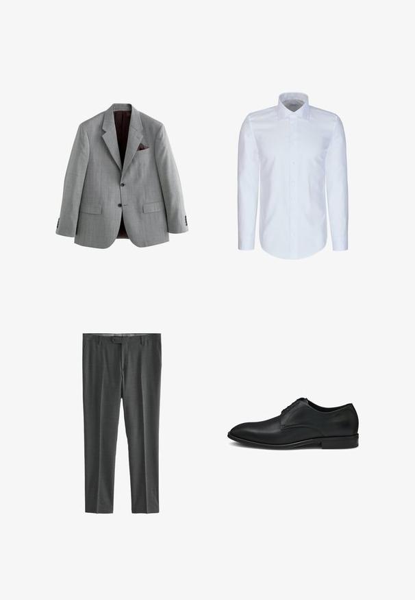 Blazer gris pour homme avec deux boutons, revers cranté, poches à rabat et un mouchoir de poche rouge foncé, présenté sur fond blanc.; Chemise blanche à manches longues avec col pointu et fermeture par boutons sur le devant, présentée sur un fond uni.; Pantalons en tissu texturé de couleur grise, présentant un design à jambes droites, des passants de ceinture, une fermeture à bouton et deux poches latérales.; Chaussure habillée en cuir noir avec une finition lisse, un bout arrondi et un laçage à cinq oeillets, agrémenté de subtils accents de couture.