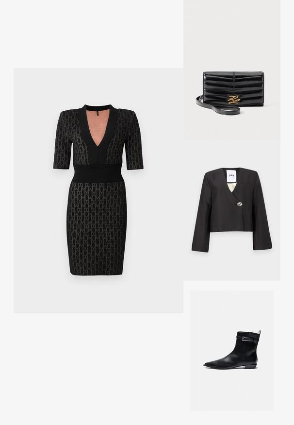 Schwarze kurze Jacke mit Wickeldesign, langen Ärmeln, tiefem V-Ausschnitt und einem einzelnen silbernen Knopf als Akzent. Enthält eine Brusttasche.; Schwarzes Strickkleid mit tiefem V-Ausschnitt, kurzen Ärmeln und tailliertem Oberteil. Verfügt über ein strukturiertes Muster und gerippte Akzente am Ausschnitt und der Taille.; Schwarze Lederfesselstiefel mit spitzer Zehe, flachem Absatz und seitlichem Reißverschluss. Mit einer Schnallenakzentuierung am Schaft für zusätzlichen Flair. Glatte Textur.; Schwarze glänzende gesteppte Lederclutch mit goldenem dekorativem Logo und angebrachtem schmalem Handgelenksriemen vor hellem Hintergrund.