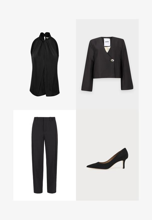 Zwarte cropped jas met een overslagontwerp, lange mouwen, een diepe V-hals en een enkele zilveren knoop als accent. Voorzien van een borstzak.; Zwarte mouwloze top met een halternek en knoopdetail, van zachte stof en met een gedrapeerd ontwerp dat losjes van de schouders valt.; Zwarte rechte broek met ceintuurlussen en zijzakken, getoond tegen een witte achtergrond.; Zwarte suède pumps met spitse neus, een slanke middenhoge naaldhak en een laag uitgesneden ontwerp op een effen achtergrond.
