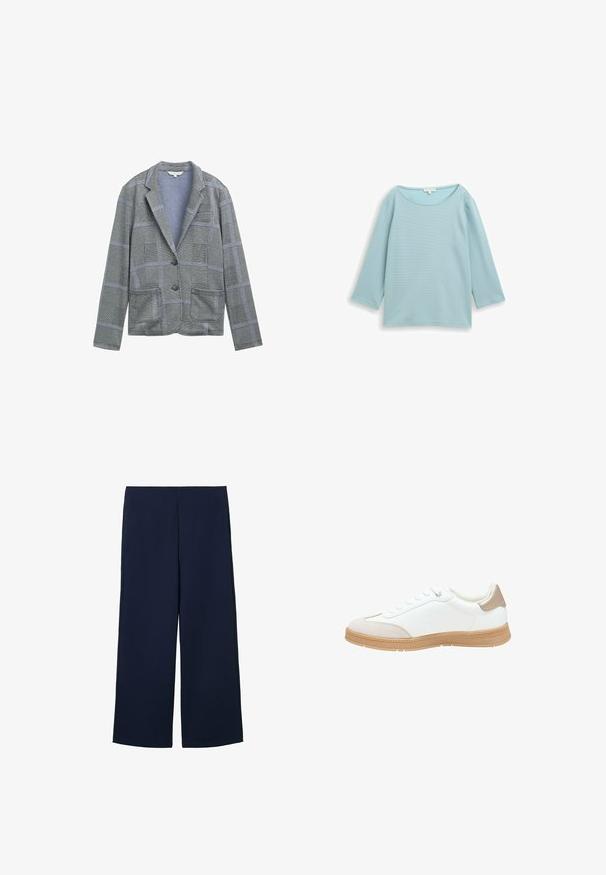 Grå ternet blazer med spidse klapper, to forlommer, enkelt knaplukning og struktureret stofmønster.; Lyseblå langærmet top med rund halsudskæring, ribbet tekstur og afslappet pasform. Har subtile syninger hele vejen igennem.; Marineblå brede bukser lavet af letvægtigt stof, med et rent design og lige snit, forsynet med sidelommer og uden synlige lukninger.; Hvide sneakers med en glat læderoverdel, beige ruskind tåhætte og en struktureret tan gummisål. Har fem huller til snørebånd og en polstret hæl.