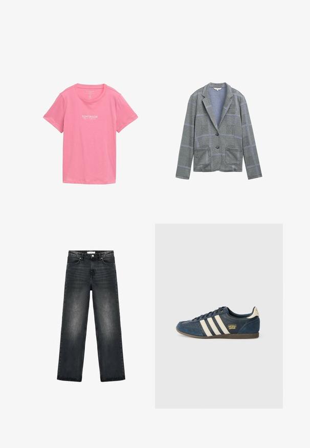 Grå ternet blazer med spidse klapper, to forlommer, enkelt knaplukning og struktureret stofmønster.; Lyserød T-shirt med korte ærmer lavet af blødt stof. Har rund halsudskæring og en hvid mærkelogo trykt på forsiden.; Sorte denimbukser med en afslappet pasform, lige ben og let falming. Har en knaplukning og design med fem lommer for funktionalitet.; Marineblå ruskindsneaker med cremefarvede striber, tekstureret tåområde, gyldent "adidas JAPAN" logo og en brun gummisål. Klassisk low-top design.