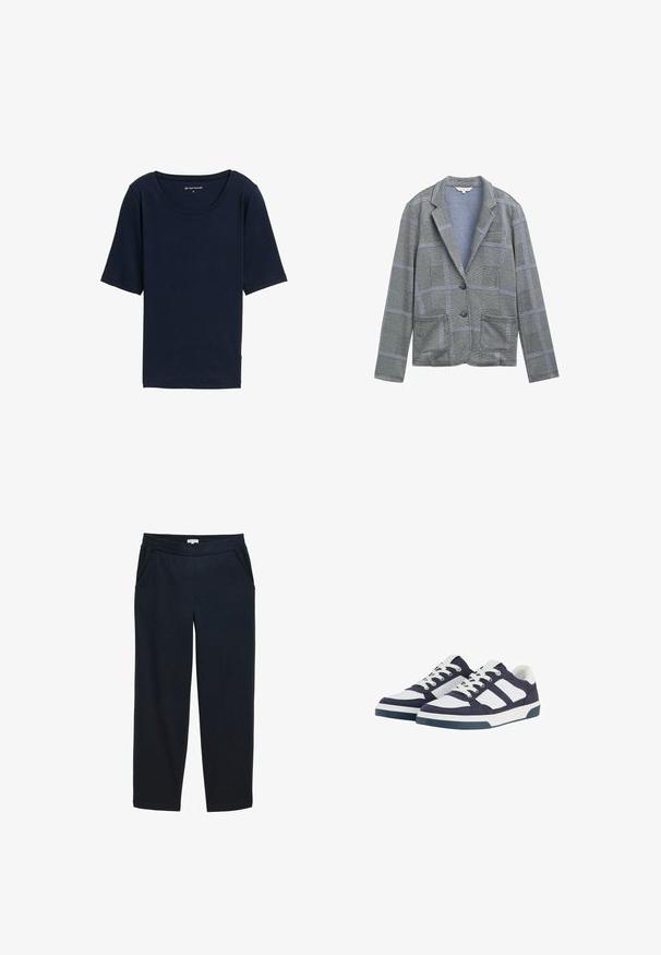 Blazer à carreaux gris avec un col cranté, deux poches avant, fermeture à un bouton et motif de tissu texturé.; T-shirt bleu marine avec un col rond, des manches courtes et une texture douce. Fabriqué à partir d'un matériau léger, il présente une coupe décontractée.; Pantalons larges bleu marine foncé en tissu texturé. Dispose d'une taille élastique et de poches latérales. Design à coupe droite.; Baskets en toile bleu marine et blanches au design basse, avec des fermetures à lacets, des semelles en caoutchouc et des accents rayés contrastés.