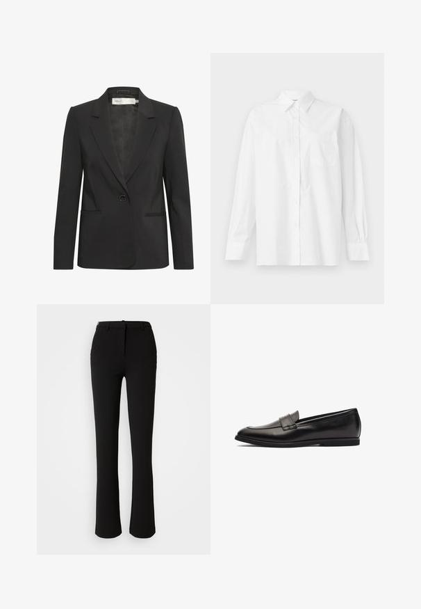 Blazer negro de tejido suave. Presenta solapa con muesca, cierre de un solo botón, dos bolsillos frontales y hombros estructurados.; Camisa blanca de manga larga hecha de algodón, con un cuello clásico, cierre de botones y un bolsillo en el pecho del lado izquierdo.; Pantalones negros confeccionados en una tela suave, con un diseño de pierna recta, bolsillos frontales y una cintura estándar con un pasador para cinturón.; Mocasín de cuero negro con un acabado suave, puntera redonda y acentos de costura doble en la parte superior. Suela de goma plana para mayor comodidad.