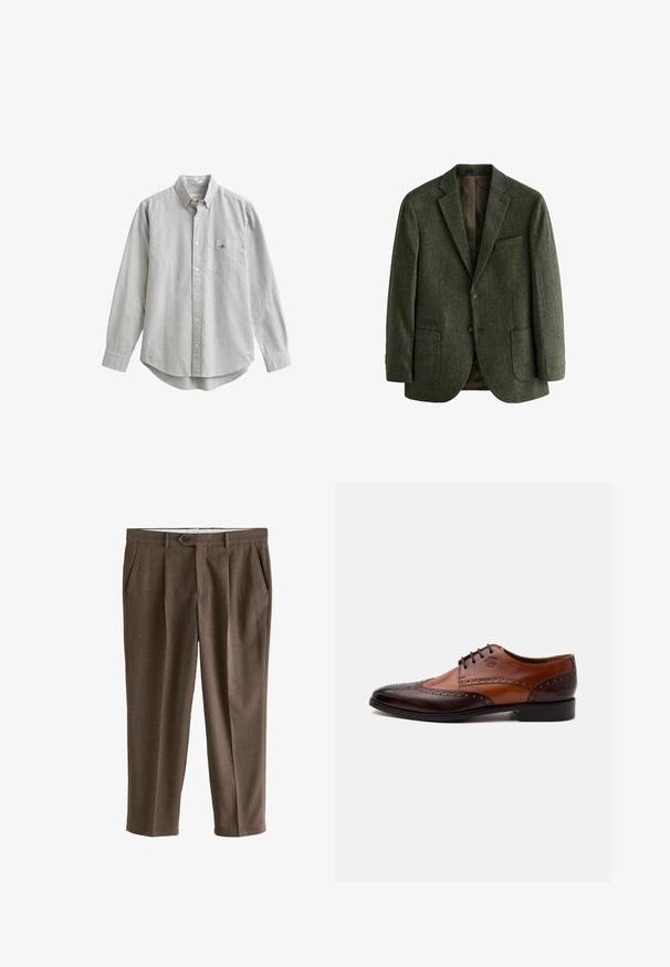Grüner Herringbone-Wollblazer mit zwei Fronttaschen, einer Knopfschluss, und eingeklappten Revers; gefüttert mit einem gemusterten braunen Stoff.; Gestreiftes Hemd mit langen Ärmeln, aus Baumwolle. Verfügt über eine Tasche auf der linken Brustseite und einen abgerundeten Saum. Farben: weiß und dunkelblaue Streifen.; Braune, strukturierte, maßgeschneiderte Hose mit Knopfverschluss, vorderen Falten und seitlichen Taschen, flach auf weißem Hintergrund dargestellt.; Zweifarbiger brauner Ledermänner Businessschuh mit Brogue-Details und Schnürverschluss, seitlich auf weißem Hintergrund angezeigt.