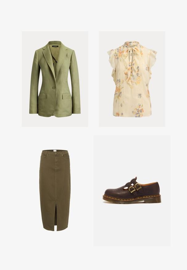 Olivengrøn enkeltknappet skræddersyet blazer med notch revers, klaplommer og en figursyet talje, lavet af tekstureret stof.; Ærmeløs cremebluse med pastelblomstret print, flæser foran, rynkedetaljer og bundet sløjfe ved halsudskæringen.; Olivengrøn denimnederdel, knælængde med en frontal slids, bæltesløjfer og to forlommer, med diskrete stikninger.; Mørkebrun læder Mary Jane-sko med to guldspænder, perforeret mønster på tåen og tyk gennemsigtig sål med gule syninger.