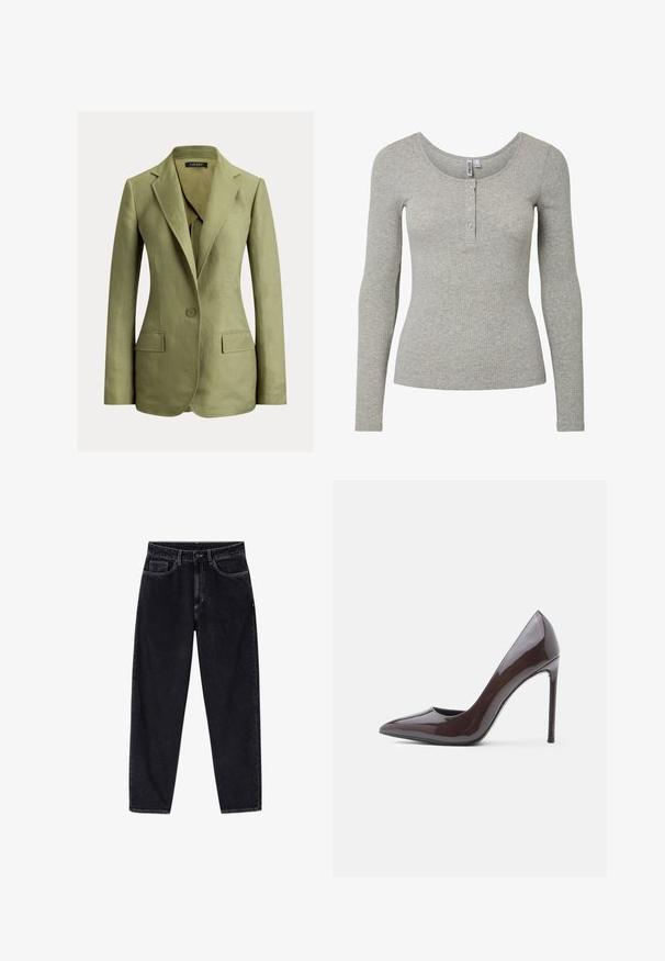 Oliijfgroene getailleerde blazer met één knoop, met inkeping revers, klepzakken en een aangesloten taille, gemaakt van gestructureerde stof.; Lichtgrijs geribd shirt met lange mouwen, ronde halslijn en een knoopsluiting met vier knopen, aansluitende pasvorm en zachte gebreide stof.; Zwarte jeans met hoge taille en rechte pijpen, voorzien van knopen aan de voorkant, rits, riemlussen en vijf zakken, afgebeeld tegen een witte achtergrond.; Lakleren pumps met hoge hak in diep bordeauxrood, voorzien van een puntige neus, slanke silhouet en naaldhak. Gladde, glanzende afwerking.