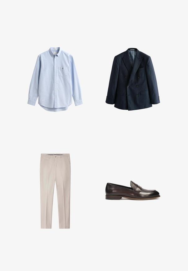 Dobbeltbrystet marineblå blazer i struktureret stof, med spids klapper, fire sorte knapper og to forlommer. Foret med let stof.; Lyseblå bomuldsskjorte med knapper. Har en brystlomme, lange ærmer og en klassisk krave. Glat tekstur med afrundet kant.; Beige bomuldstrusser med fladt frontdesign, to forlommer og bæltestropper. Har en knaplukning og en lige benfacon.; Mørkebrune læder loafers med en afrundet tå, hævet syning og en let hæl. Glat tekstur og klassisk design.