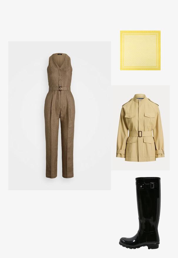 Beige jakke med bælte, fire forlommer med klap, bælte med spænde i taljen, stående krave, skulderstropper og justerbare manchetstropper.; Brun houndstooth jumpsuit med v-hals, knapfront og bælte i taljen. Har en tæt siddende overdel og vidde benbukser.; Sort gummi regnstøvle med en blank finish, høj design, spænde detaljer på siden, tekstureret sål for godt greb og rund tå.; Gult rektangulært tørklæde med gentaget "MK" logo mønster og kanter med det samme logo i hvide og gule nuancer.