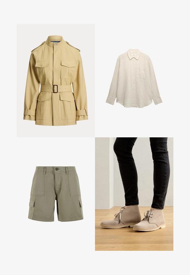 Beige jakke med bælte, fire forlommer med klap, bælte med spænde i taljen, stående krave, skulderstropper og justerbare manchetstropper.; Lysebeige hørskjorte med lange ærmer, knaplukning foran, spidst krave, enkelt brystlomme og en løs pasform. Subtil struktur er synlig.; Khaki cargo shorts lavet af letvægtsbomuld med to sidelommer, en front knaplukning og lige snit.; Beige ruskind ankelstøvler med en rund tå, snørebåndsdesign og kontrasterende syninger, båret med sorte tætsiddende bukser på et trægulv.