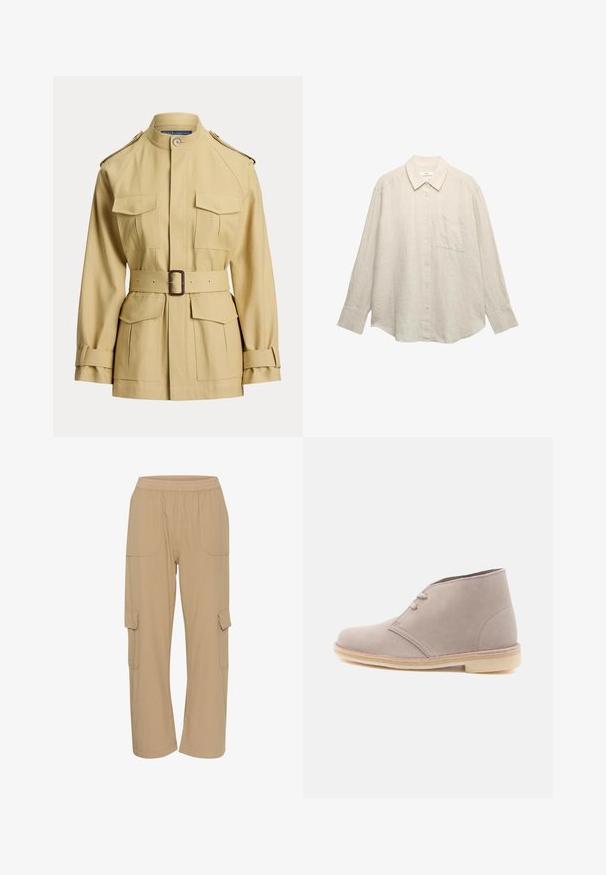 Beige jakke med bælte, fire forlommer med klap, bælte med spænde i taljen, stående krave, skulderstropper og justerbare manchetstropper.; Lysebeige hørskjorte med lange ærmer, knaplukning foran, spidst krave, enkelt brystlomme og en løs pasform. Subtil struktur er synlig.; Beige cargo bukser med elastisk talje, sidelommer og en afslappet pasform. Fremstillet af letvægts, tekstureret stof.; Lyse beige ørkenstøvle i ruskind med to snørehuller og crepesål, vist i profil mod en ensfarvet hvid baggrund.